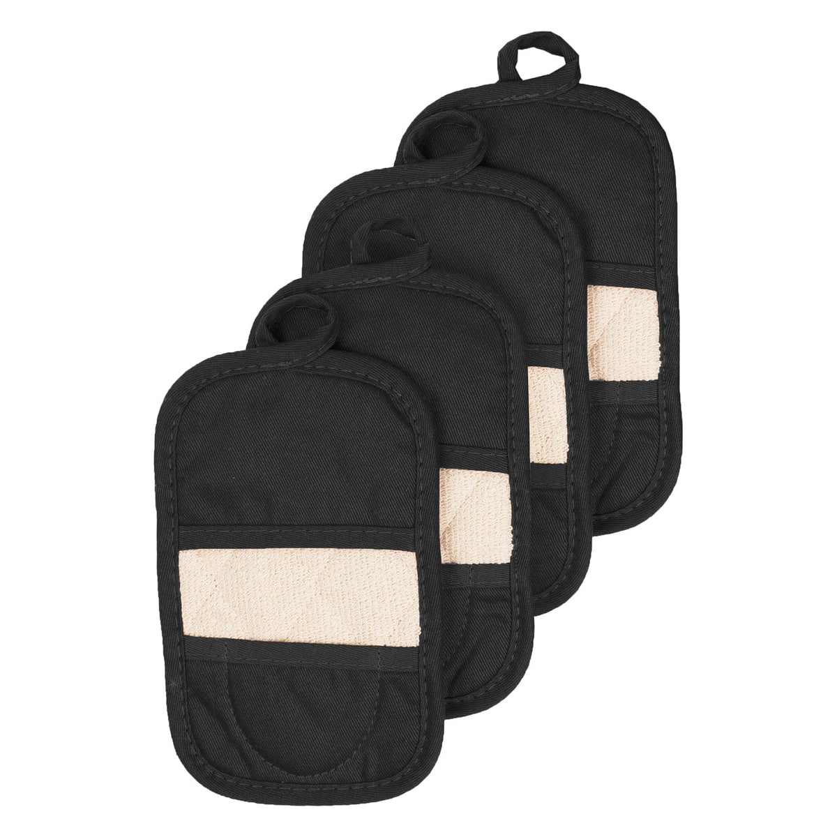 RITZ Premium Pot Holders & Heating Pads (4-Pack), 8.5" x 5.5", Heat Resistant, 100% Cotton Terry-Looped Pocket, Kitchen and Barbeque, Black