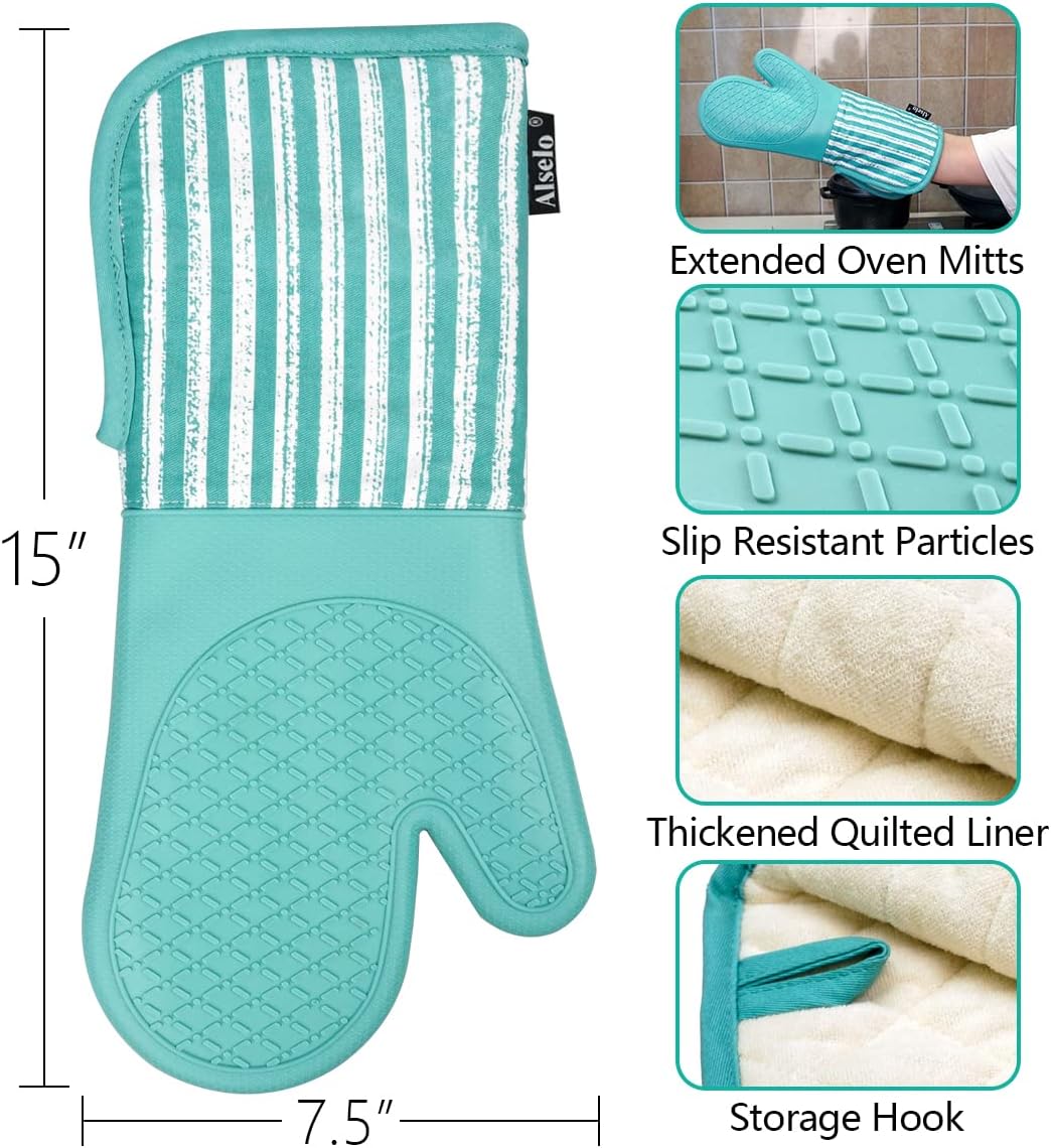 Alselo Silicone Oven Mitts Heat Resistant 932℉ with Waterproof & Non-Slip
