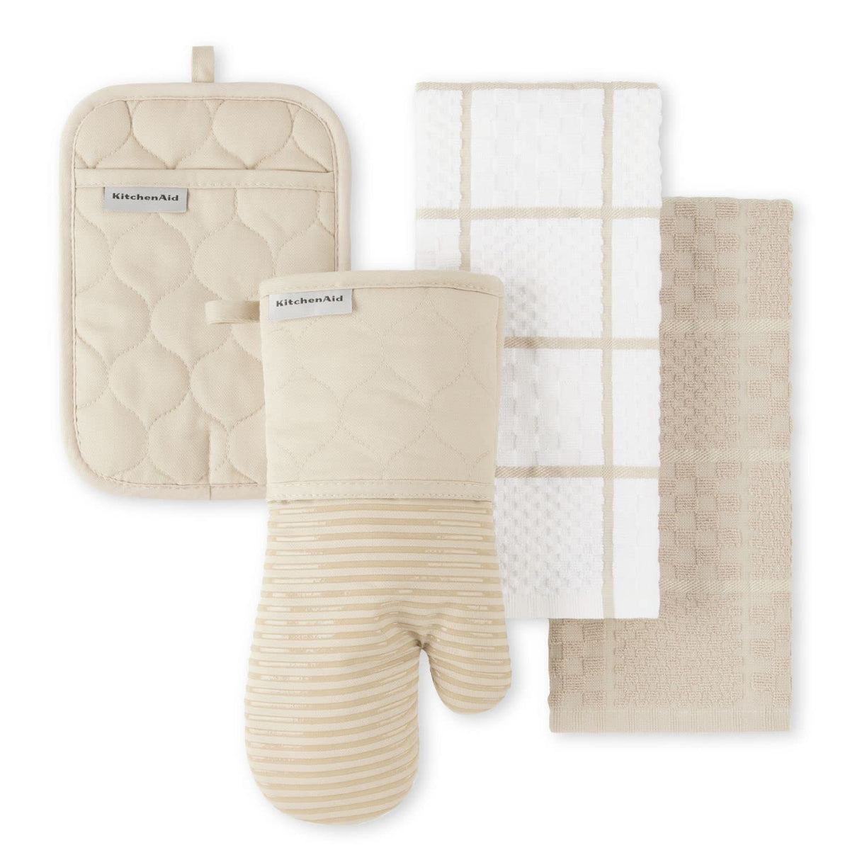 KITCHENAID Quilted Cotton Terry Cloth Oven Mitt, Pot Holder, Kitchen Towel 4-Pack Set, Heat Resistant, Silicone Grip, 16"x26", 7"x13" & 7"x10", Milkshake Tan