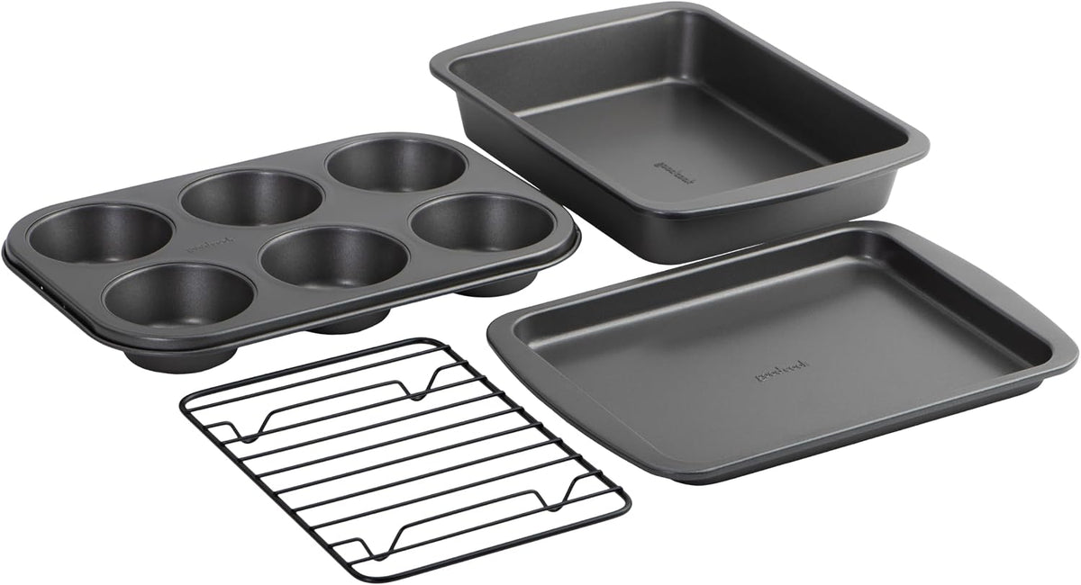 GoodCook 4-Piece Nonstick Steel Toaster Oven Set with Sheet Pan, Rack, Cake Pan, and Muffin Pan, Gray, 4-Piece Set Distributes Heat Evenly, Nonstick Coating, Dishwasher-Safe