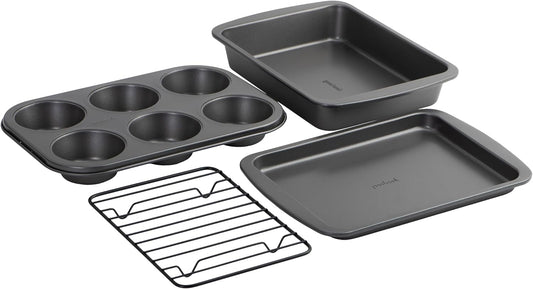 GoodCook 4-Piece Nonstick Steel Toaster Oven Set with Sheet Pan, Rack, Cake Pan, and Muffin Pan, Gray, 4-Piece Set Distributes Heat Evenly, Nonstick Coating, Dishwasher-Safe