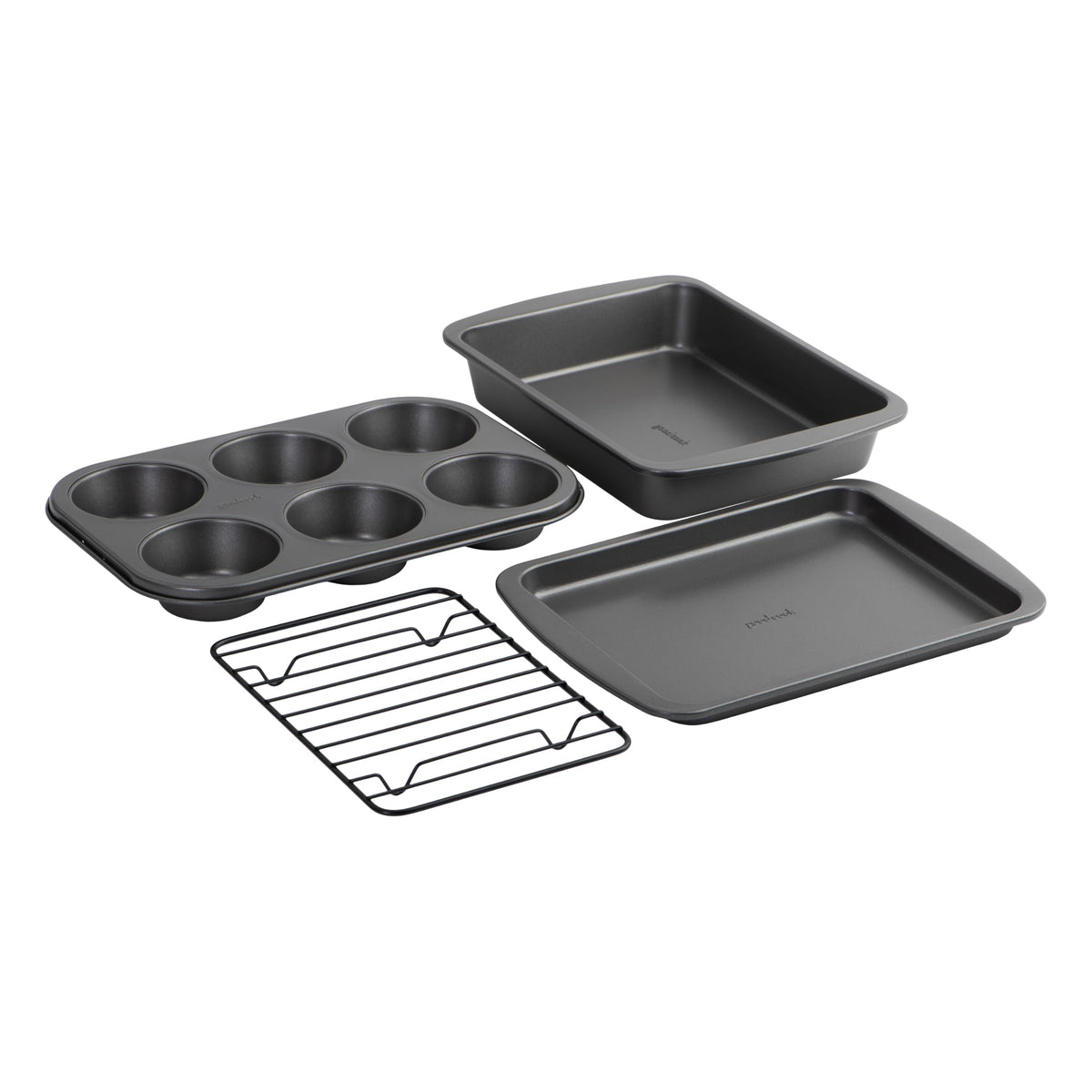 GoodCook 4-Piece Nonstick Steel Toaster Oven Set with Sheet Pan, Rack, Cake Pan, and Muffin Pan, Gray, 4-Piece Set Distributes Heat Evenly, Nonstick Coating, Dishwasher-Safe