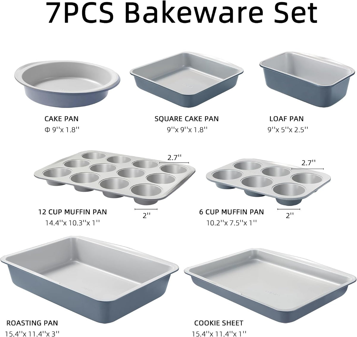 CAROTE 7-Piece Baking Pans Set, Nonstick Bakeware Sets, Gray & Blue