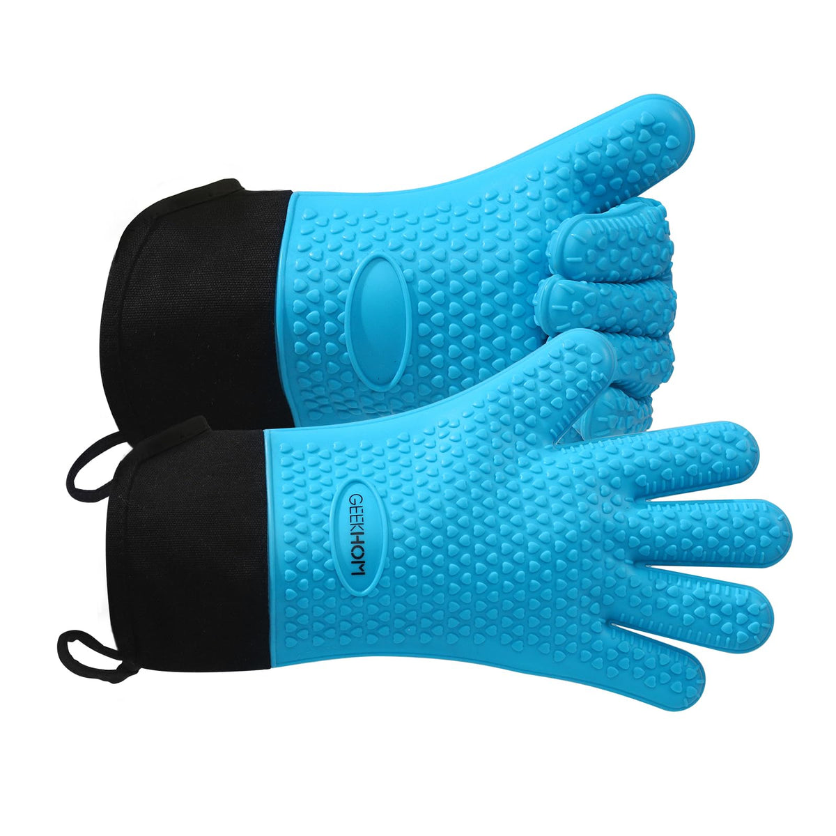 GEEKHOM BBQ Gloves Heat Resistant, 13.7 Inch Long Waterproof Silicone Oven Mitts for Grilling and Smoker, Non-Slip 5 Finger Kitchen Hot Mitts for Baking, Cooking & Cast Iron, Black