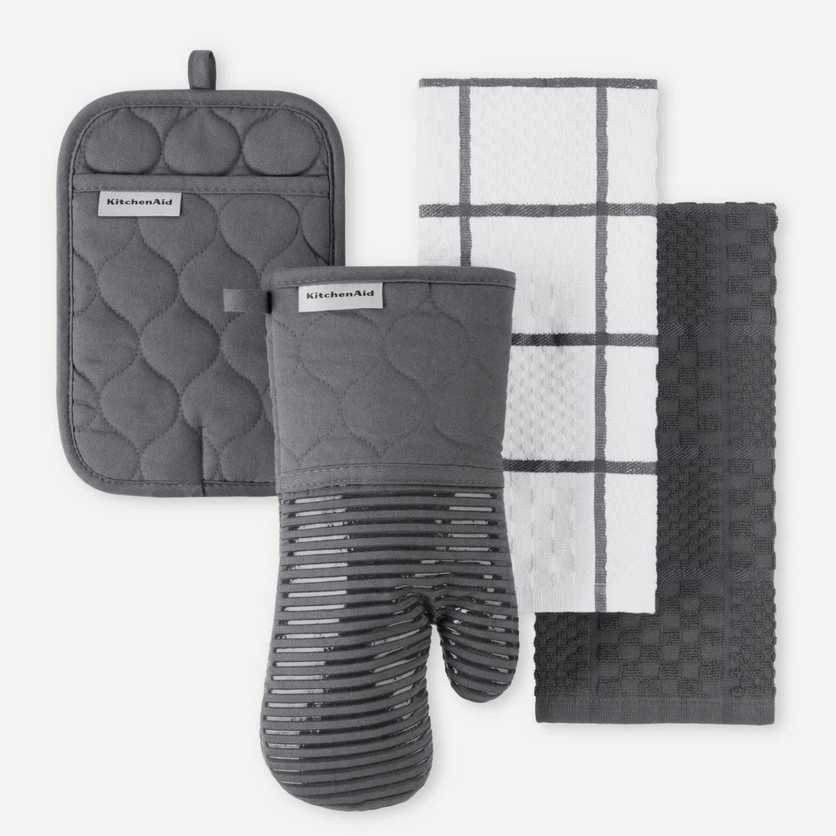 KITCHENAID Quilted Cotton Terry Cloth Oven Mitt, Pot Holder, Kitchen Towel 4-Pack Set, Heat Resistant, Silicone Grip, 16"x26", 7"x13" & 7"x10", Milkshake Tan