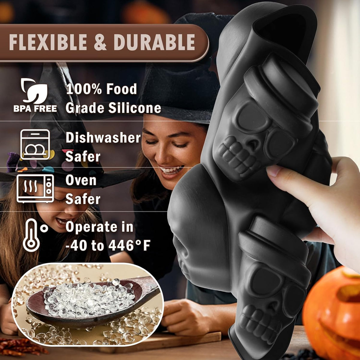 HKNMTT Halloween Silicone Molds for Baking Extra large, 6 Cavities 3D Skull Cake Pizza Pan Molds, Nonstick Halloween Skeleton Mold for Soap Ice 2PCS