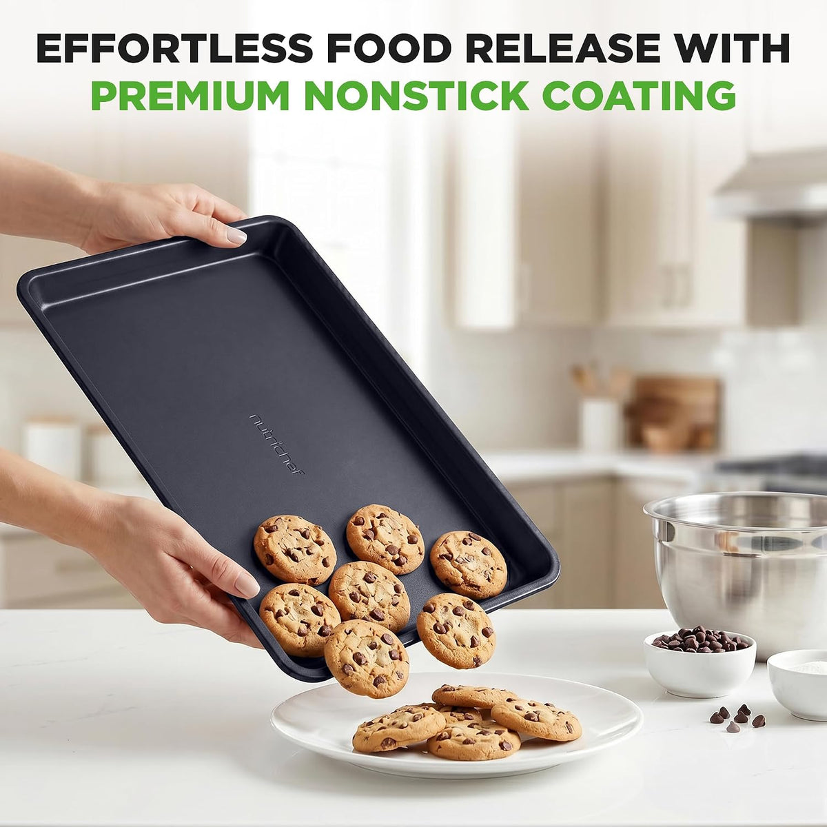 NutriChef Non-Stick Cookie Sheet Baking Pans, 2-Piece Oven Baking Trays w/ Superior Nonstick Coating - 15" x 11" & 13" x 9" Sizes for Convenient Roasting & Baking - Dishwasher Safe