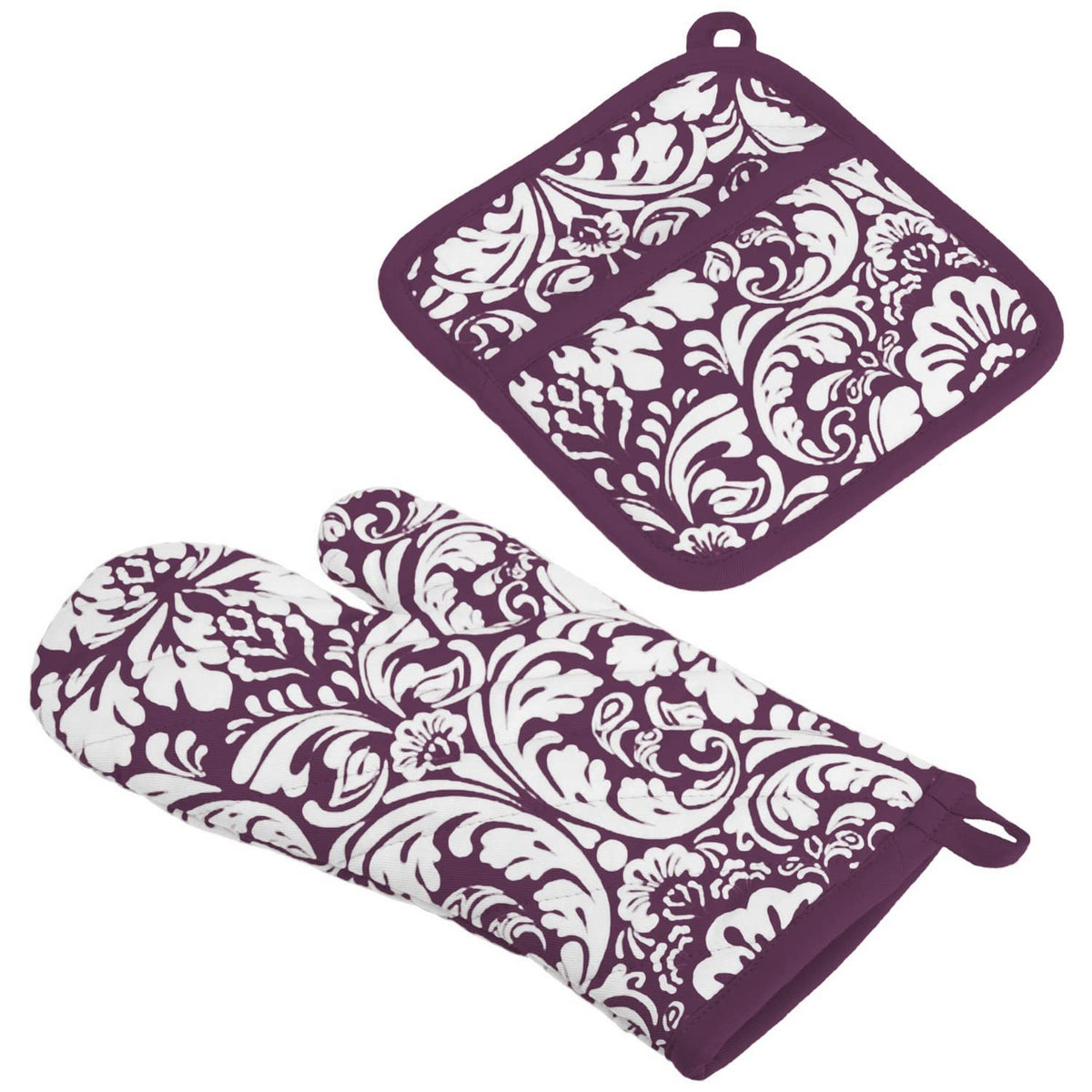 DII Quilted Kitchen Oven Mitt & Potholder Set, Hanging Loop for Convenient Storage, OM 6.5x12/PH 8x8.5, Black Damask Print, 2 Piece