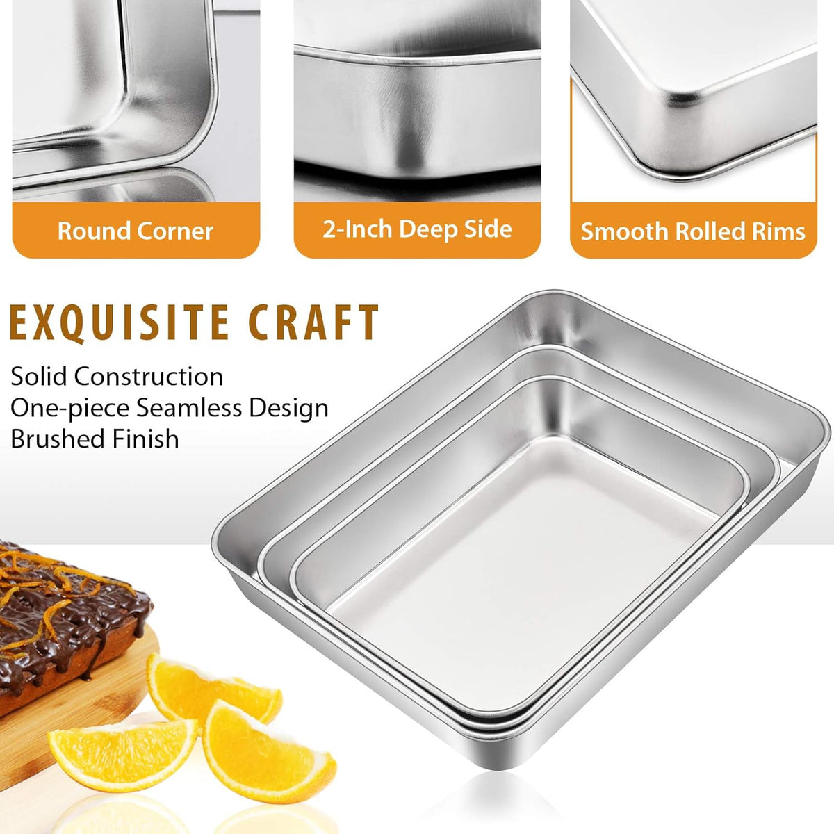 E-far Baking Pans Set of 3, Stainless Steel Sheet Cake Pan for Oven