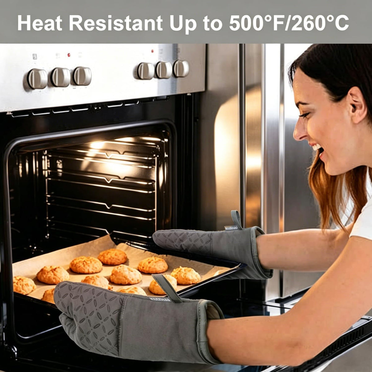 KEGOUU Oven Mitts and Pot Holders 6pcs Set, Kitchen Oven Glove High Heat Resistant 500 Degree Extra Long Oven Mitts and Potholder with Non-Slip Silicone Surface for Cooking (Grey)