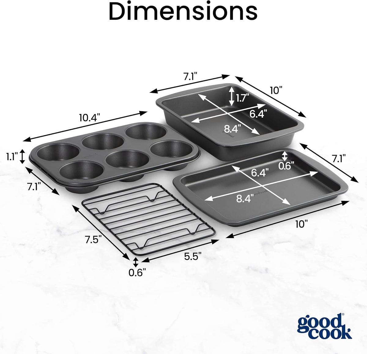 GoodCook 4-Piece Nonstick Steel Toaster Oven Set with Sheet Pan, Rack, Cake Pan, and Muffin Pan, Gray, 4-Piece Set Distributes Heat Evenly, Nonstick Coating, Dishwasher-Safe