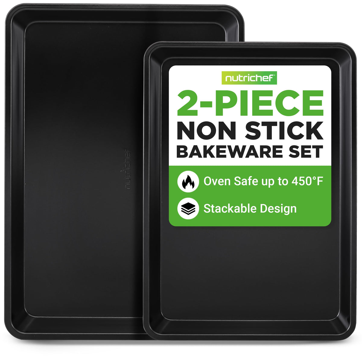 NutriChef Non-Stick Cookie Sheet Baking Pans, 2-Piece Oven Baking Trays w/ Superior Nonstick Coating - 15" x 11" & 13" x 9" Sizes for Convenient Roasting & Baking - Dishwasher Safe
