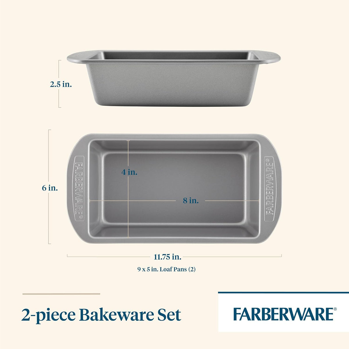 Farberware Nonstick Bakeware Bread and Meat Loaf Pan Set for Baking, Gray