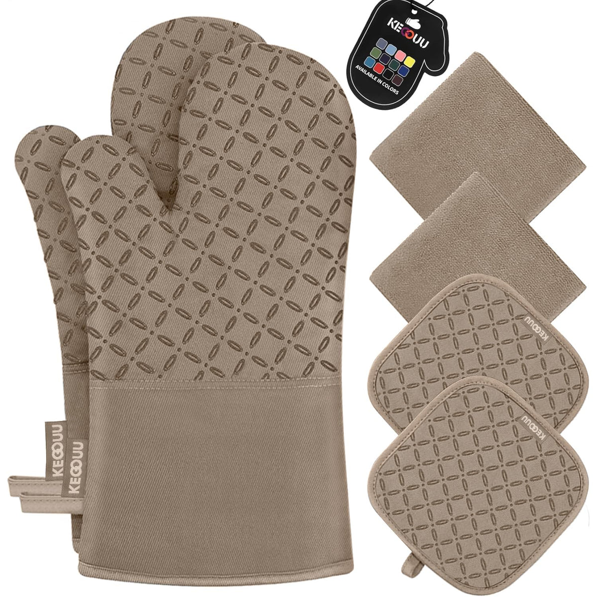 KEGOUU Oven Mitts and Pot Holders 6pcs Set, Kitchen Oven Glove High Heat Resistant 500 Degree Extra Long Oven Mitts and Potholder with Non-Slip Silicone Surface for Cooking (Grey)