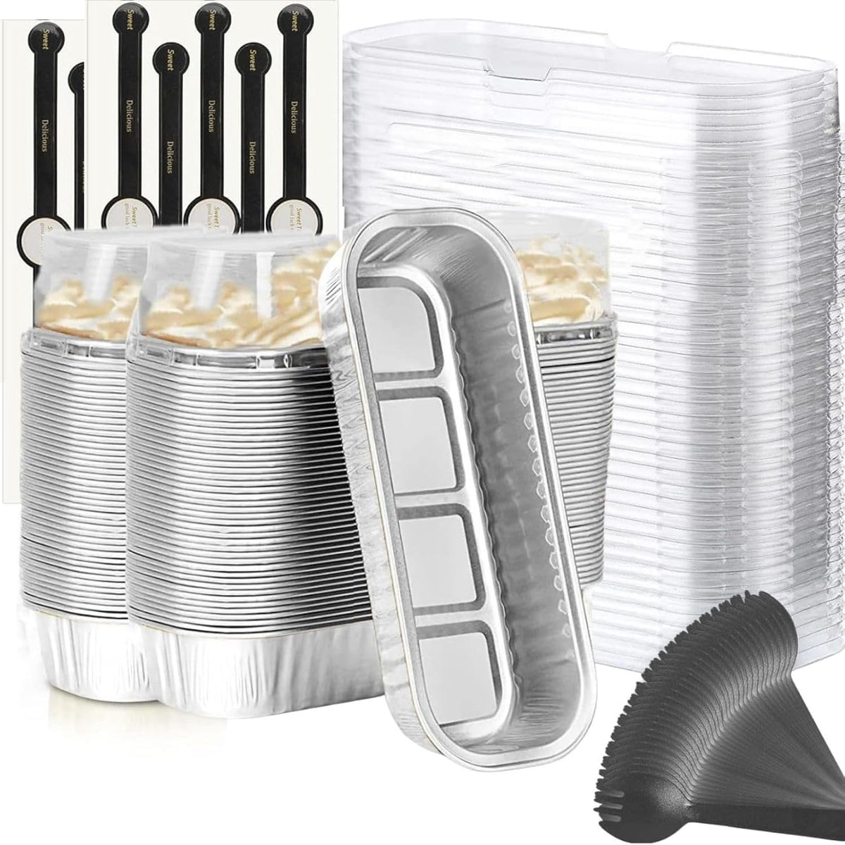 Findful Mini Loaf Baking Pans with Lids and Spoons (50 Pack, 6.8oz) Rectangle Aluminum Foil Baking Pans Tins Containers - Cupcake Containers Wrappers Cheesecake Creme Brulee Ramekins