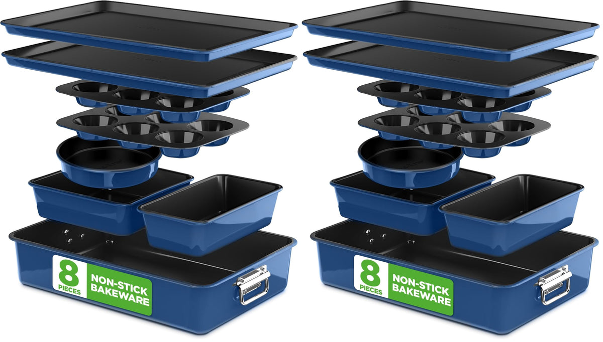 NutriChef 8-Piece Nonstick Stackable Bakeware Set - PFOA, PFOS, PTFE Free Baking Tray Set w/Non-Stick Coating, 450°F Oven Safe, Round Cake, Loaf, Muffin, Wide/Square Pans, Cookie Sheet (Blue)