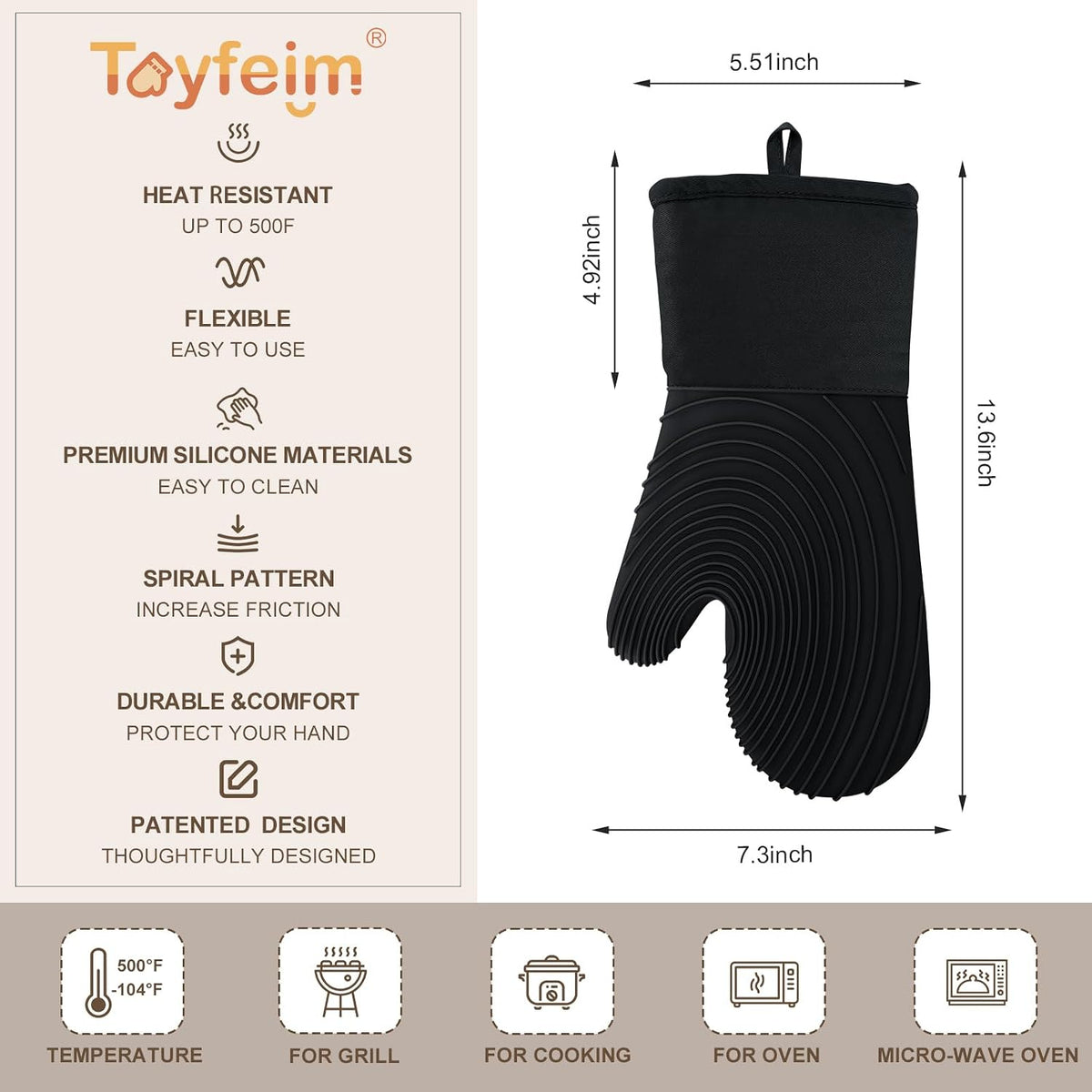 Silicone Oven Mitts-13.6 in Extended Oven Mitts Heat Resistant 500F, Oven Gloves with Soft Liner Good Grippy BPA-Free Easy to Clean Flexible-Oven Mits Set for Cooking Baking Grilling BBQ