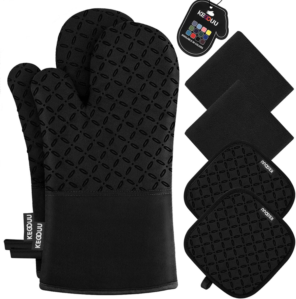 KEGOUU Oven Mitts and Pot Holders 6pcs Set, Kitchen Oven Glove High Heat Resistant 500 Degree Extra Long Oven Mitts and Potholder with Non-Slip Silicone Surface for Cooking (Grey)