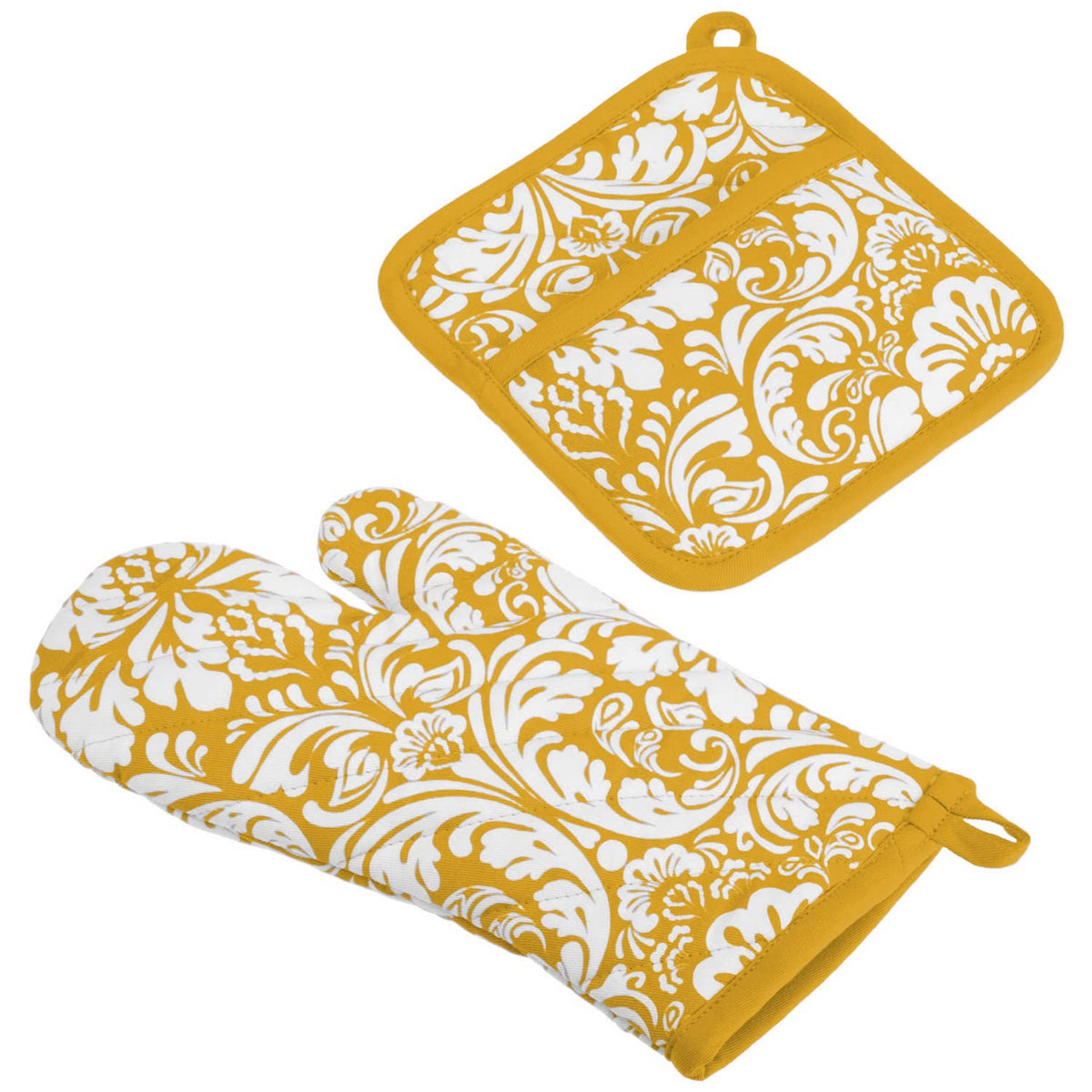 DII Quilted Kitchen Oven Mitt & Potholder Set, Hanging Loop for Convenient Storage, OM 6.5x12/PH 8x8.5, Black Damask Print, 2 Piece