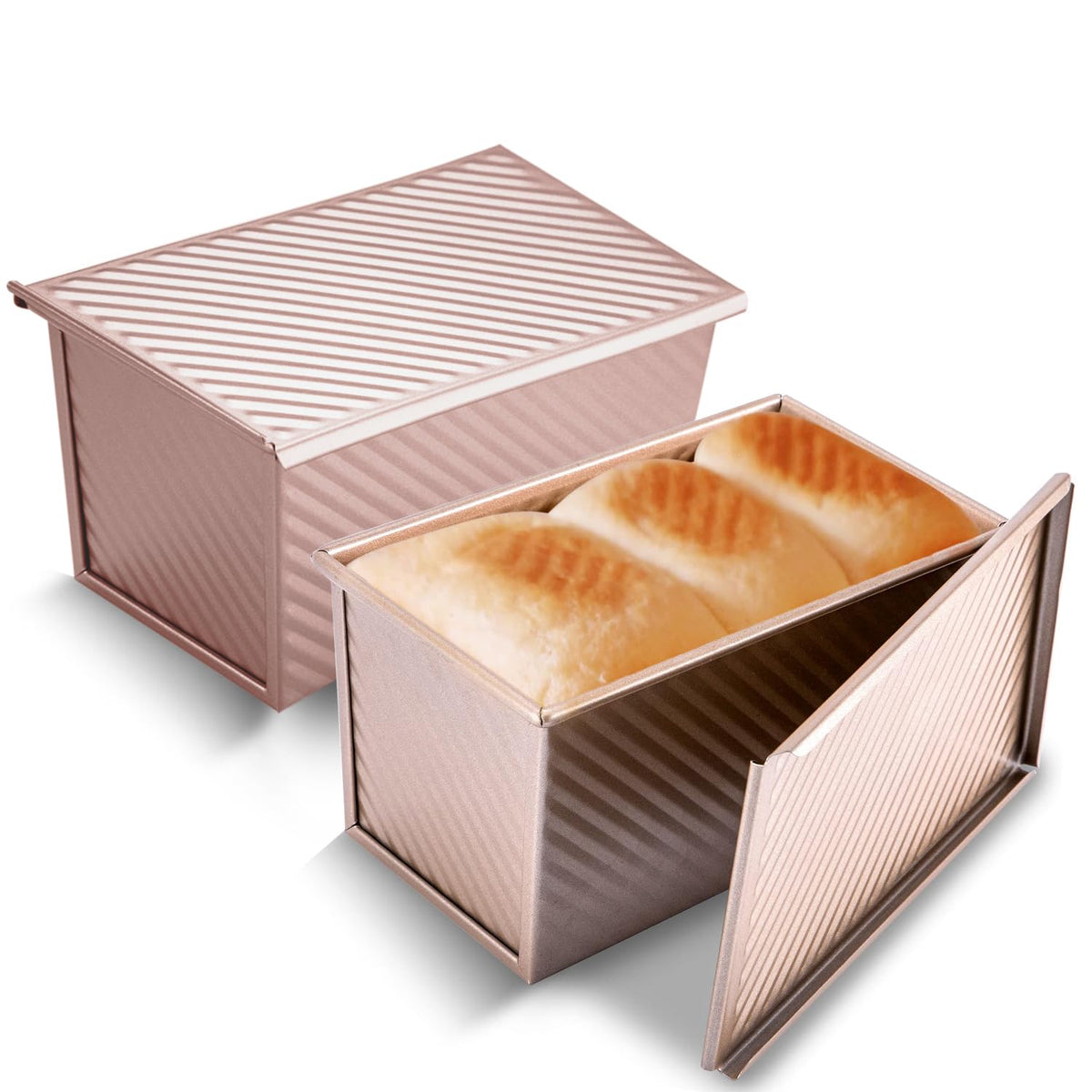 KITESSENSU Pullman Loaf Pan with Lid, 1 lb Dough Capacity Non-Stick Bakeware for Baking Bread, Carbon Steel Corrugated Bread Toast Box Mold with Cover for Baking Bread, Gold