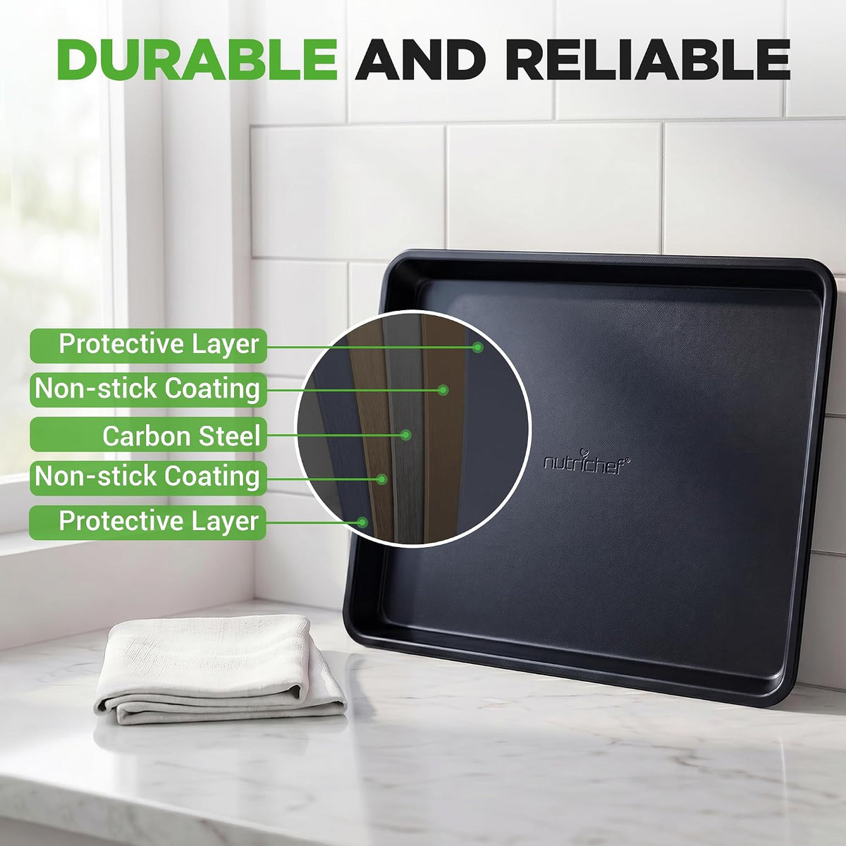 NutriChef Non-Stick Cookie Sheet Baking Pans, 2-Piece Oven Baking Trays w/ Superior Nonstick Coating - 15" x 11" & 13" x 9" Sizes for Convenient Roasting & Baking - Dishwasher Safe
