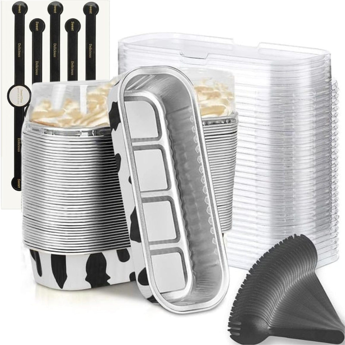 Findful Mini Loaf Baking Pans with Lids and Spoons (50 Pack, 6.8oz) Rectangle Aluminum Foil Baking Pans Tins Containers - Cupcake Containers Wrappers Cheesecake Creme Brulee Ramekins