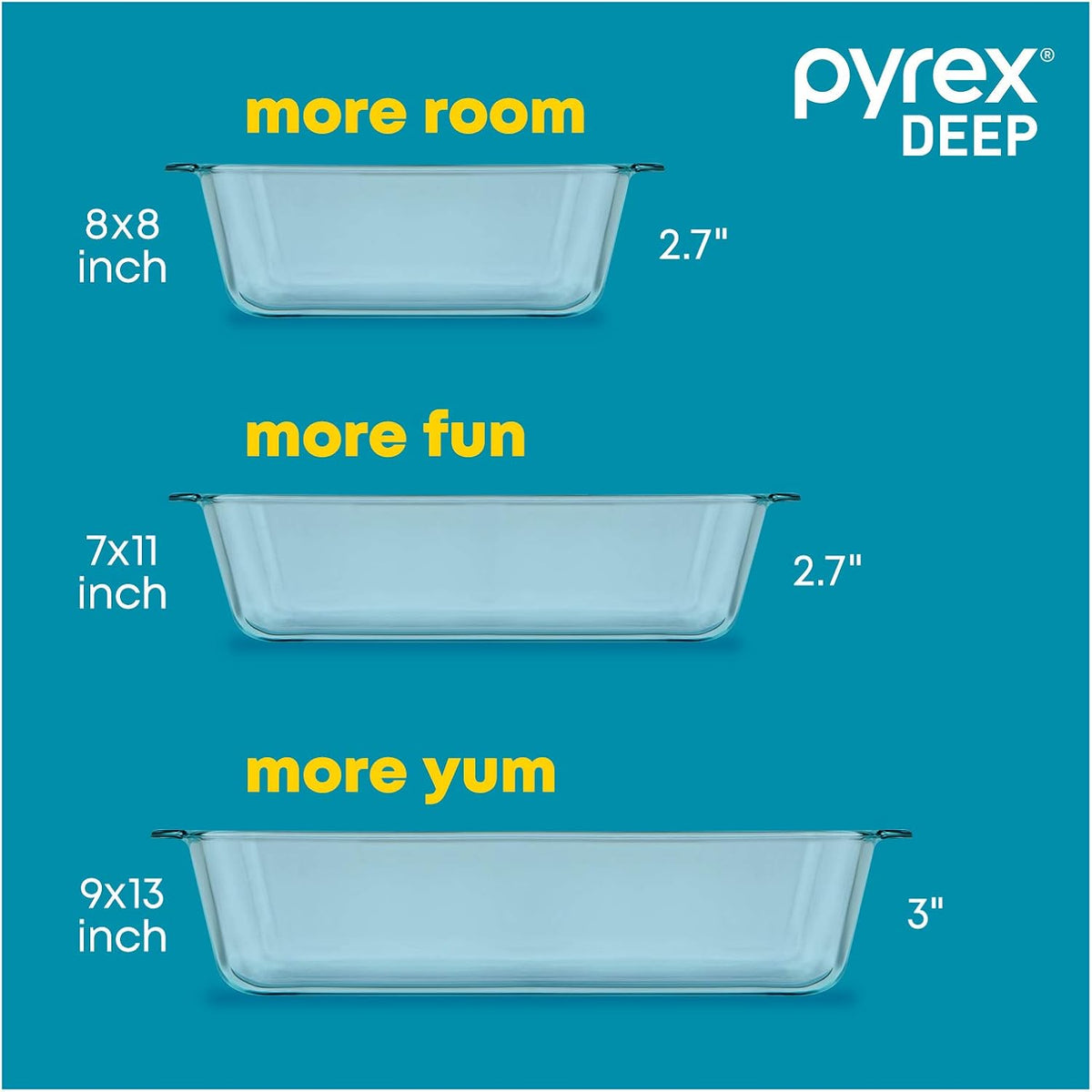 Pyrex Deep 3-Pack Glass Baking Dish Set (9"x13", 7"x11", 8"x8")