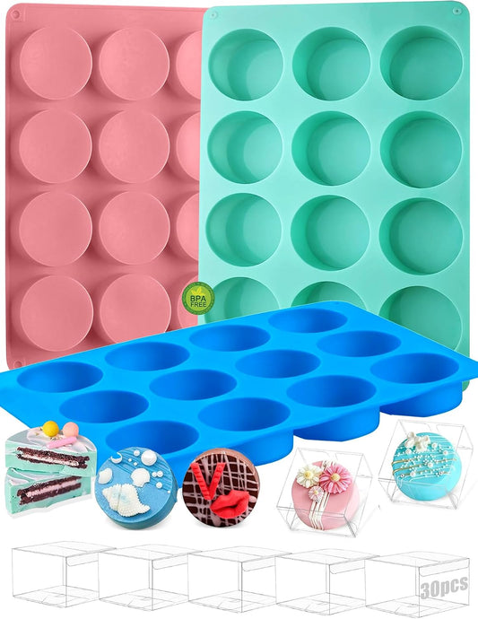 3 Pcs Round Chocolate Cookie Molds Set,12-Cavity Silicone Mold with 30 Clear Treat Boxes, Round Baking Mold for Candy, Mini Cake, Individually Wrapped Cakesicle Party Favor Packaging