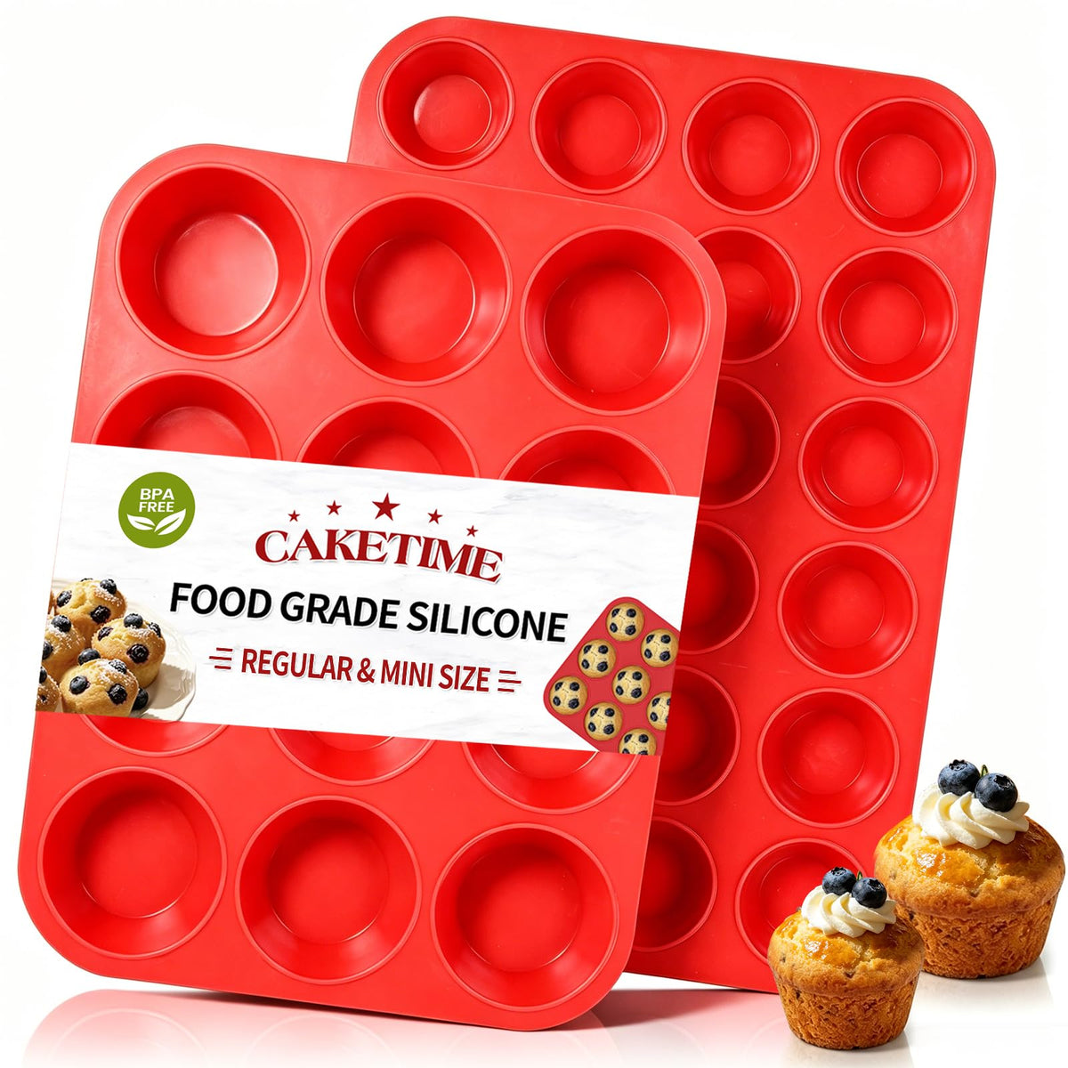 CAKETIME 12 Cups Silicone Muffin Pans for Baking - Regular Size Cupcake Pan Muffin Tin for Baking Nonstick Food Grade Silicone Molds