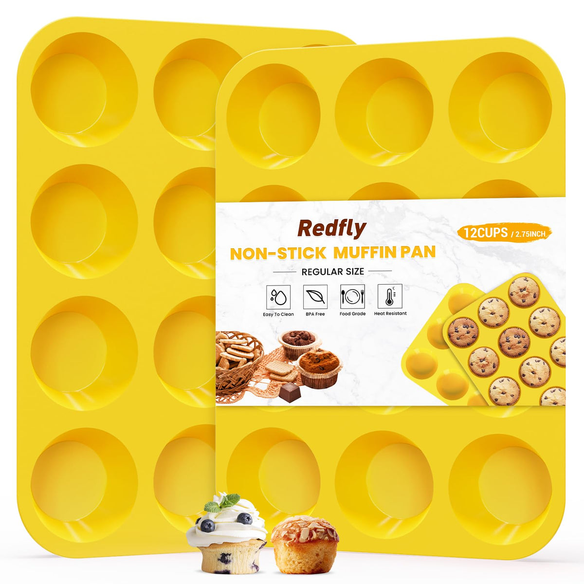 Redfly 3 Pack Silicone Muffin Pans for Baking & Cupcake Pan - 12 Cup Regular Size Silicone Molds, BPA Free Egg Bites Mold