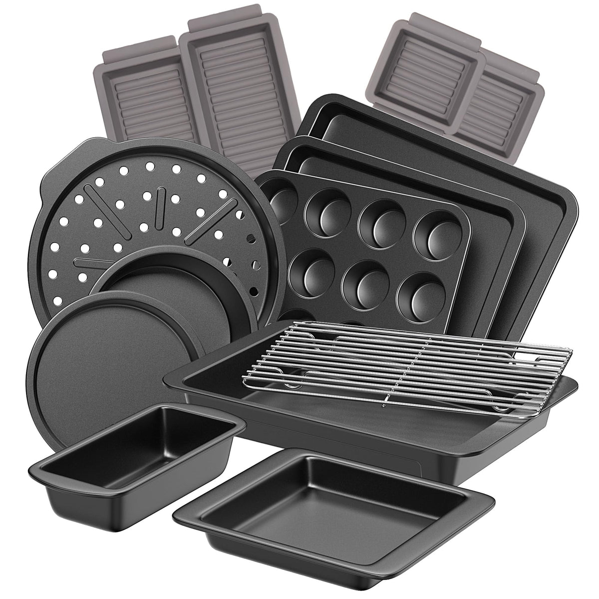 HONGBAKE Bakeware Sets, Baking Pans Set, 12 Pieces Nonstick Oven Pan with 120 Muffin Liners for Kitchen, Wider Grips, Including Rack, Cookie Sheet, Cake, Loaf, Muffin, Pizza Pan - Gray