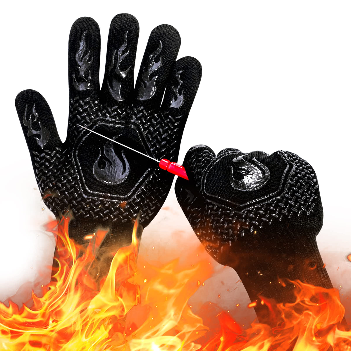 BBQ Gloves 1472F Heat Resistant Non-Slip Silicone 13.8in (Red)