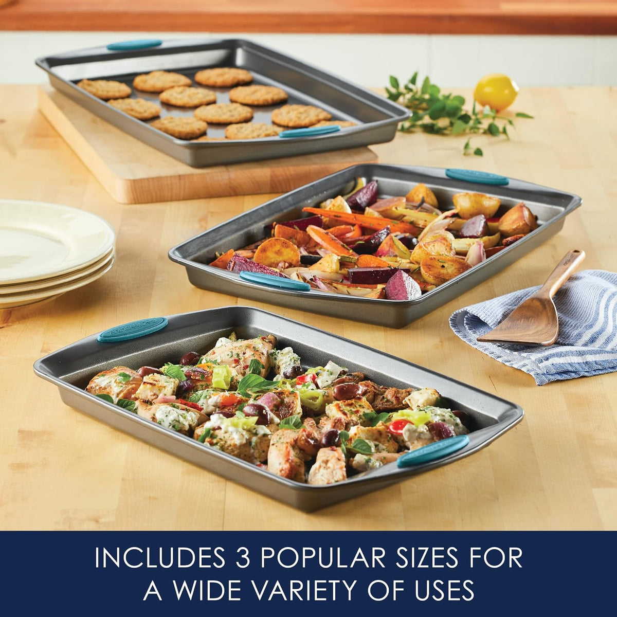 Rachael Ray Nonstick Bakeware Cookie Pan Set, Baking Sheets, 3-Piece, Gray