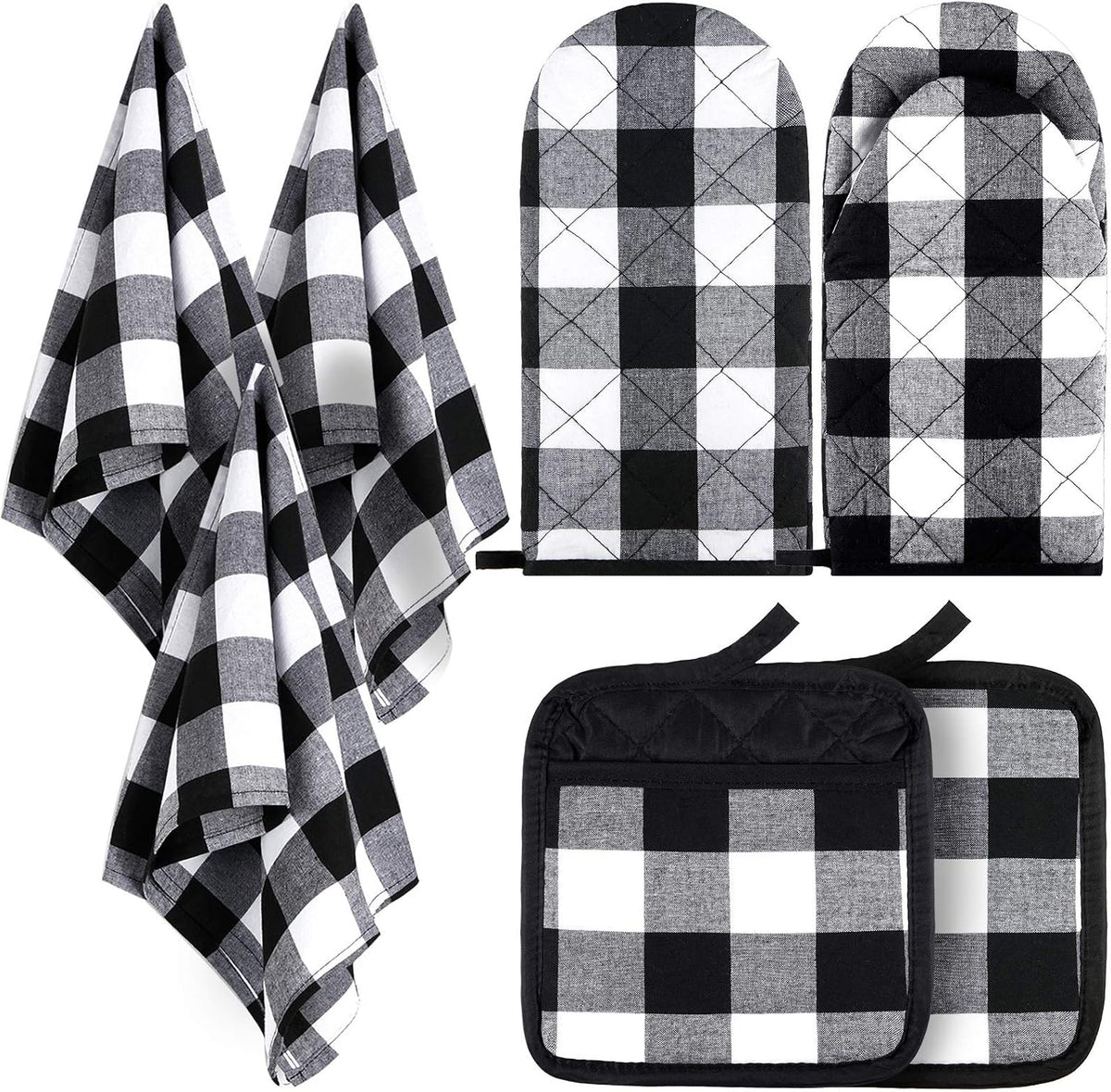 Patelai 7 Pieces Buffalo Check Dish Towels Pot Holders Oven Mitts Set