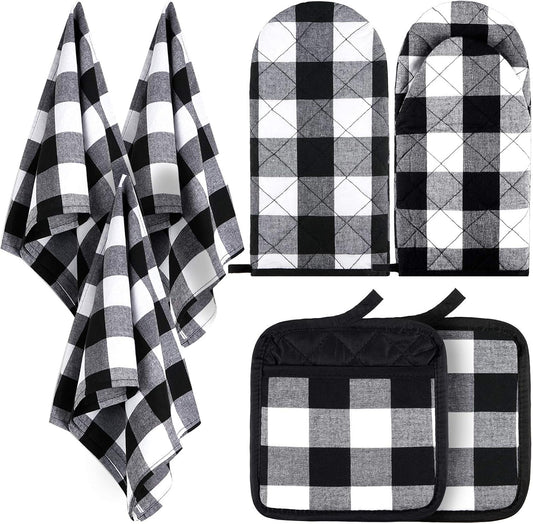 Patelai 7 Pieces Buffalo Check Dish Towels Pot Holders Oven Mitts Set