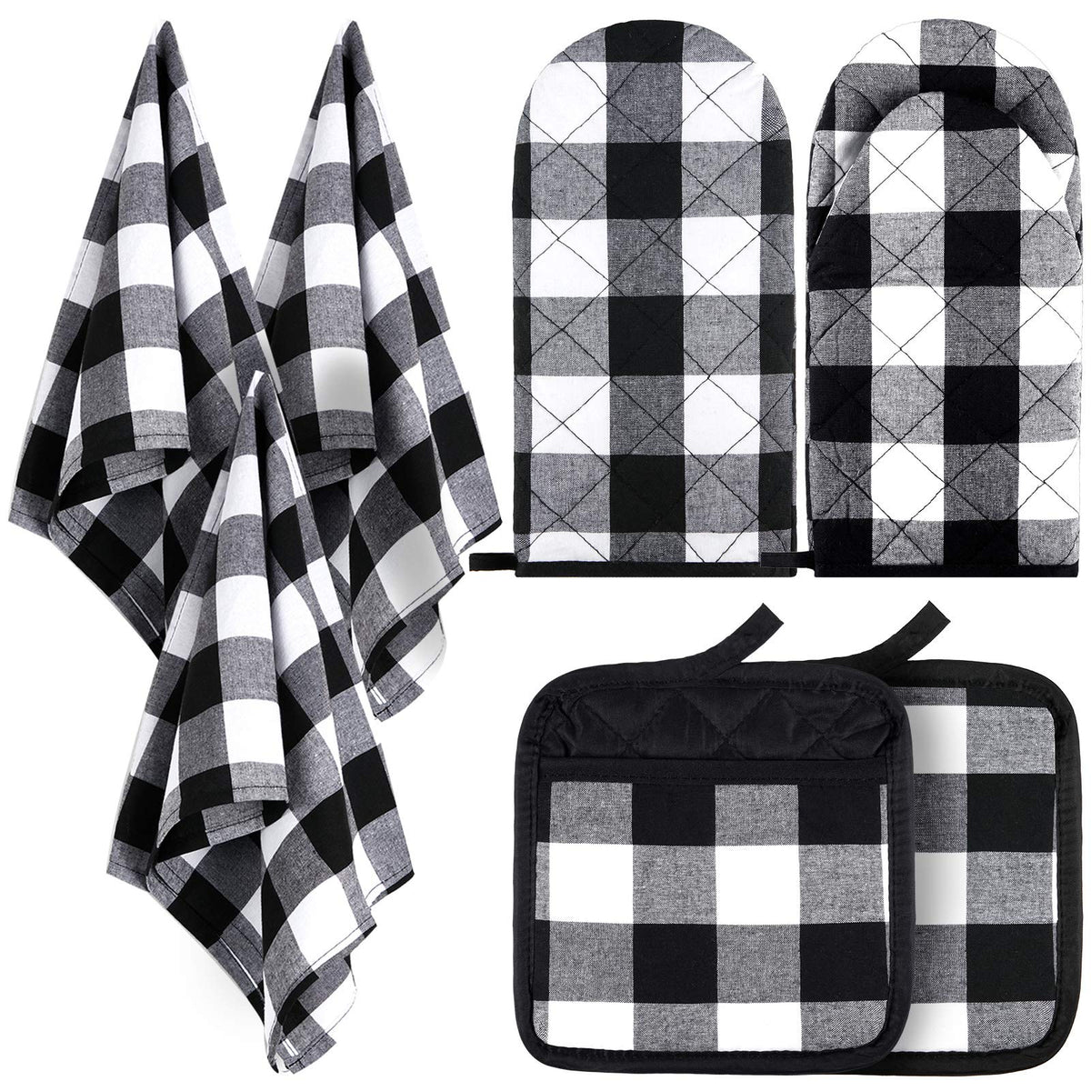 Patelai 7 Pieces Buffalo Check Dish Towels Pot Holders Oven Mitts Set
