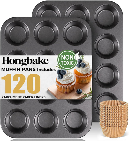 HONGBAKE Muffin Pans for Baking, Nonstick Cupcake Tin with 120 Parchment Liners, 2 Pack 12 Cup Premium Cheesecake Trays - Gray