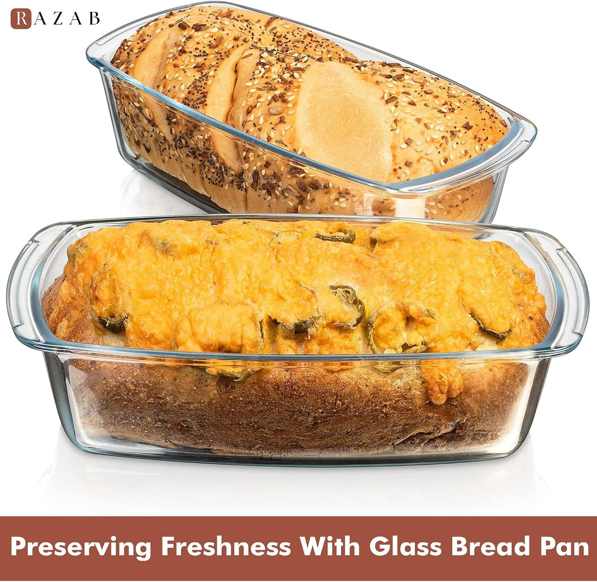 Razab (2 Pack Large 7.6 Cups / 1800 Ml / 1.9 Qt Glass Loaf Pans with Lids