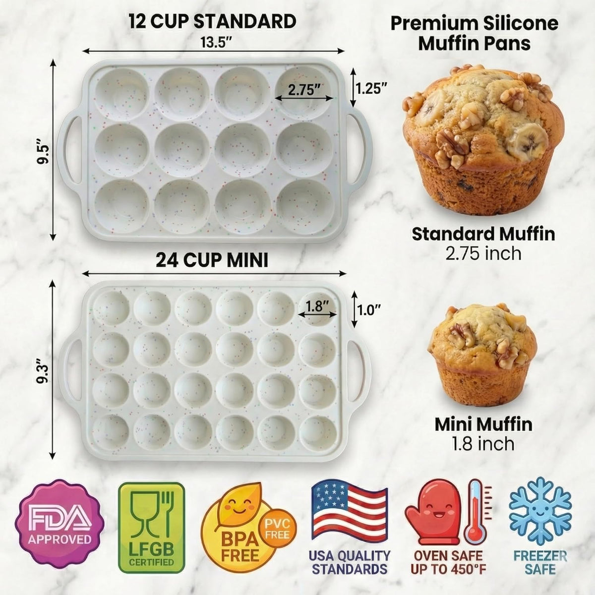 Silicone Muffin Pans, 2-Pack Regular 12 Cup & Mini 24 Cup, BPA-Free