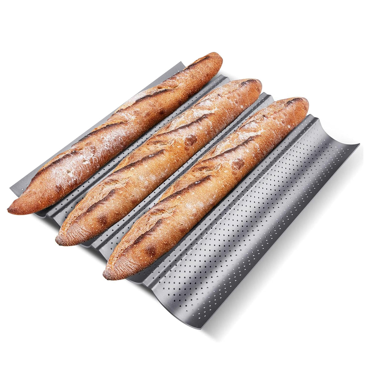 KITESSENSU Nonstick Baguette Pans for French Bread Baking, Perforated 2 Loaves Baguettes Bakery Tray, 15" x 6.3", Silver