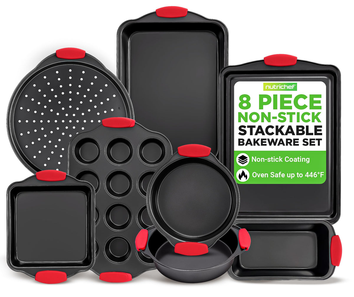 NutriChef 3‑Piece Nonstick Cookie Sheets – Carbon Steel Baking Sheet Set with Non Stick Coating & Red Silicone Handles – Oven Pans for Family Baking