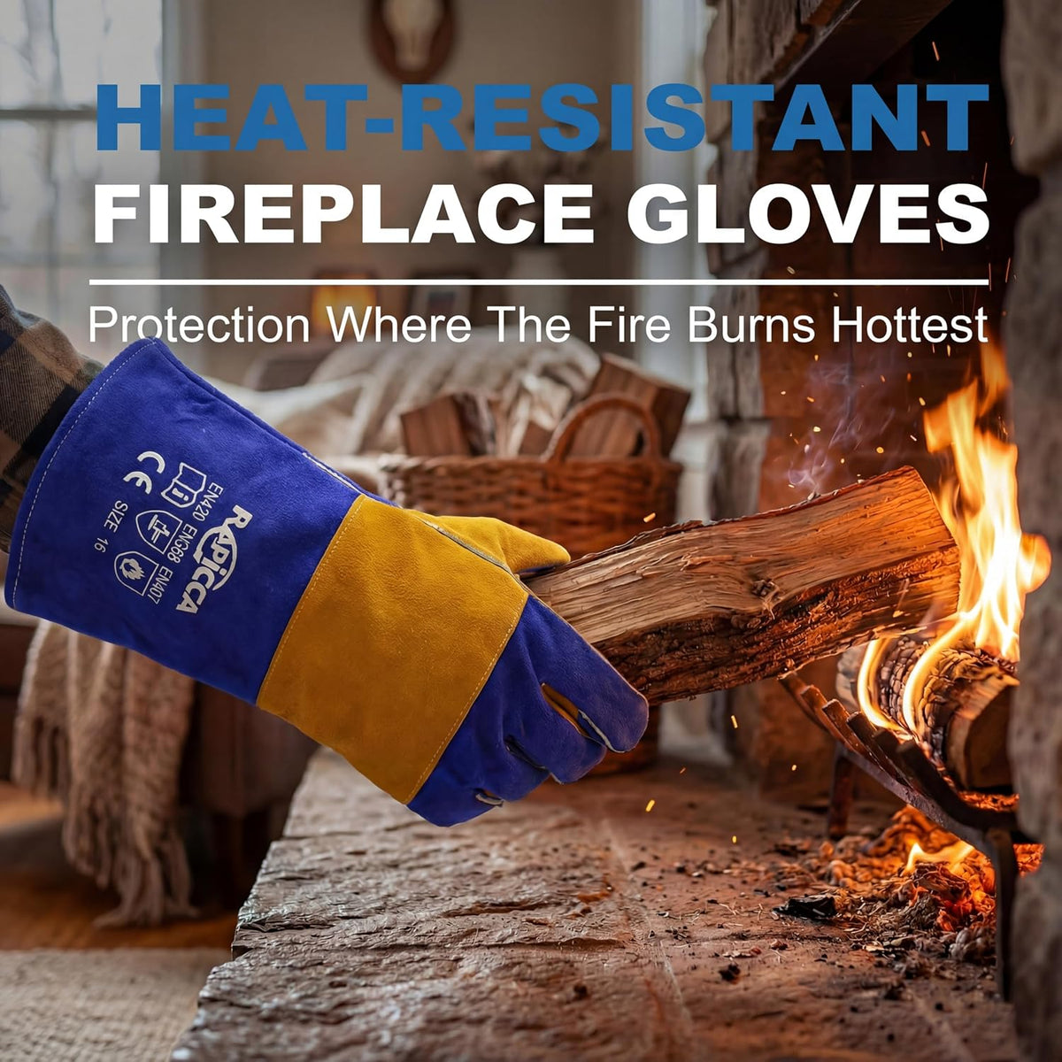 RAPICCA Welding Gloves for Men, 932°F Fireproof Leather, 16 in Blue