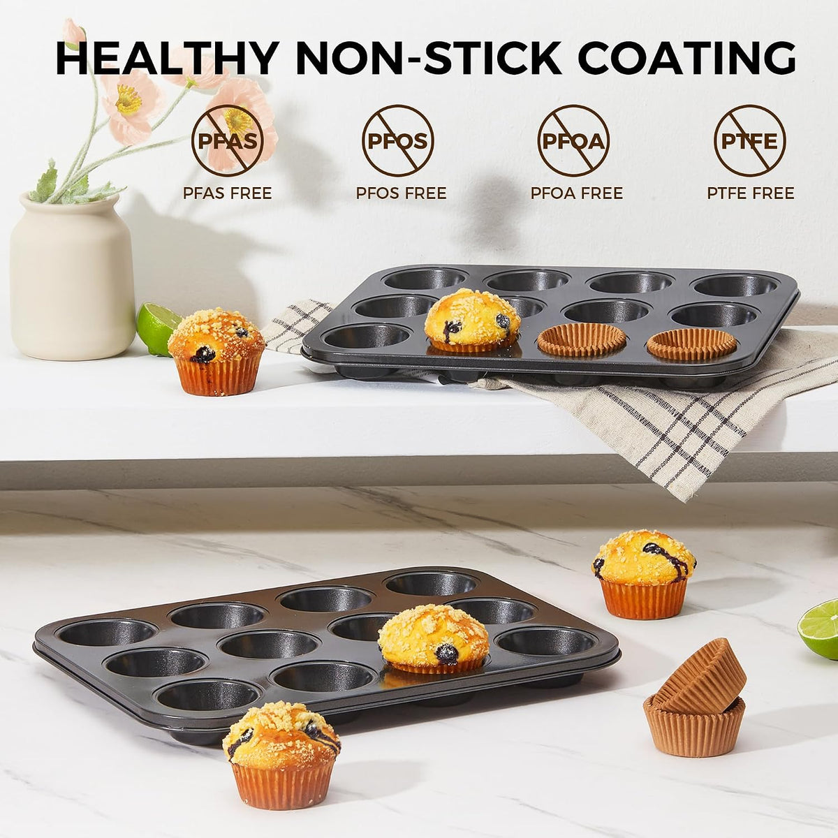 HONGBAKE Muffin Pans for Baking, Nonstick Cupcake Tin with 120 Parchment Liners, 2 Pack 12 Cup Premium Cheesecake Trays - Gray