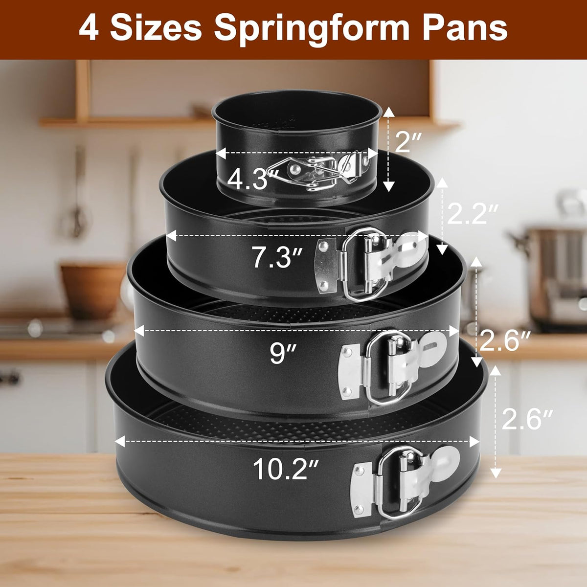 Springform Pan Set of 4, 4/7/9/10inch Cake Pan, Non-Stick Leak-Proof with Removable Bottom, Cheesecake Pan for Baking, Black