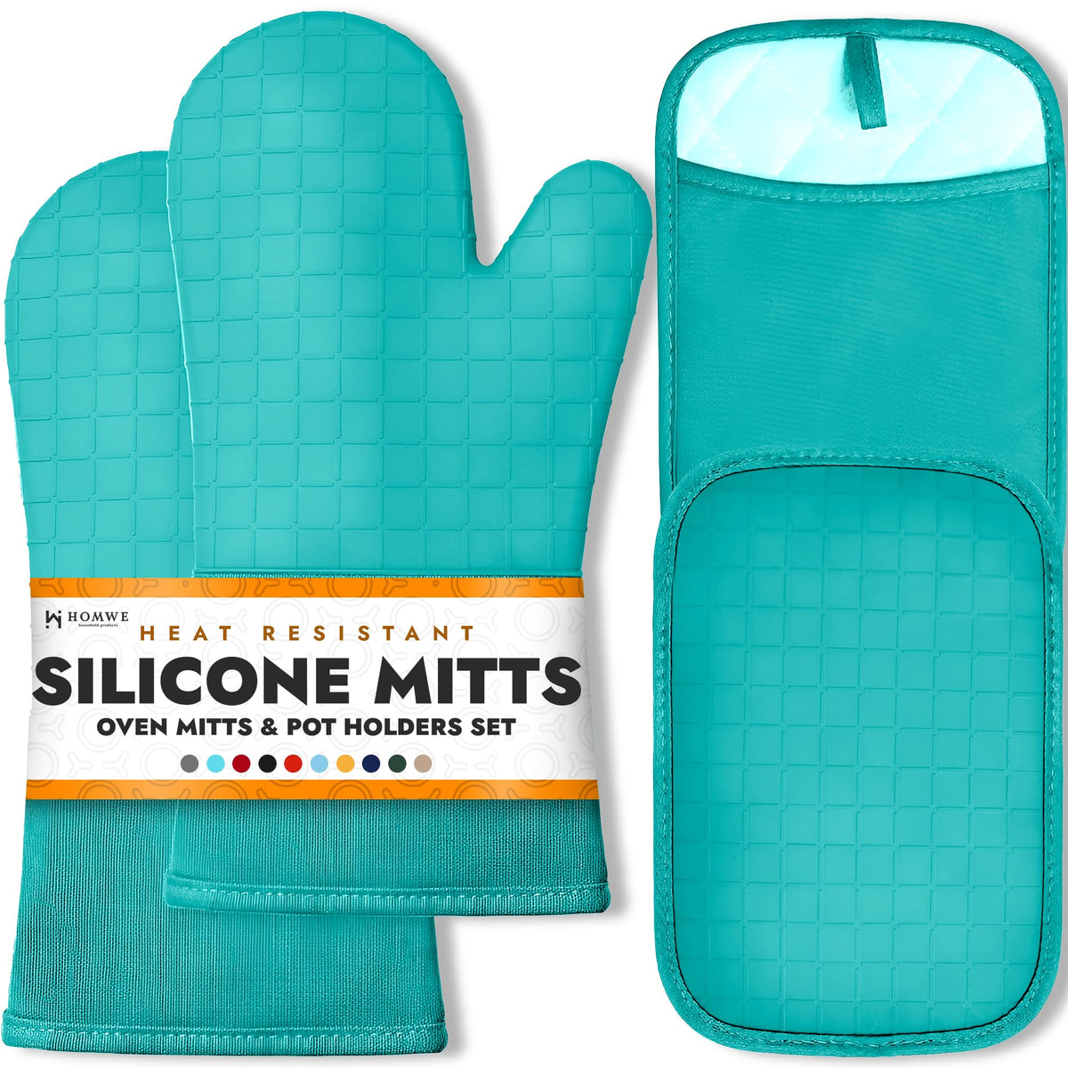 BPA-Free Soft Silicone 4 Piece Oven Mitts & Trivets Set - Ultra Heat Resistant Oven Mitts with Thick Cotton Liner - Long Slip Resistant Pot Holders, Flexible Oven Gloves - Navy
