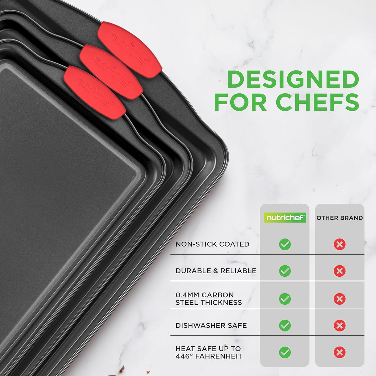 NutriChef 3‑Piece Nonstick Cookie Sheets – Carbon Steel Baking Sheet Set with Non Stick Coating & Red Silicone Handles – Oven Pans for Family Baking