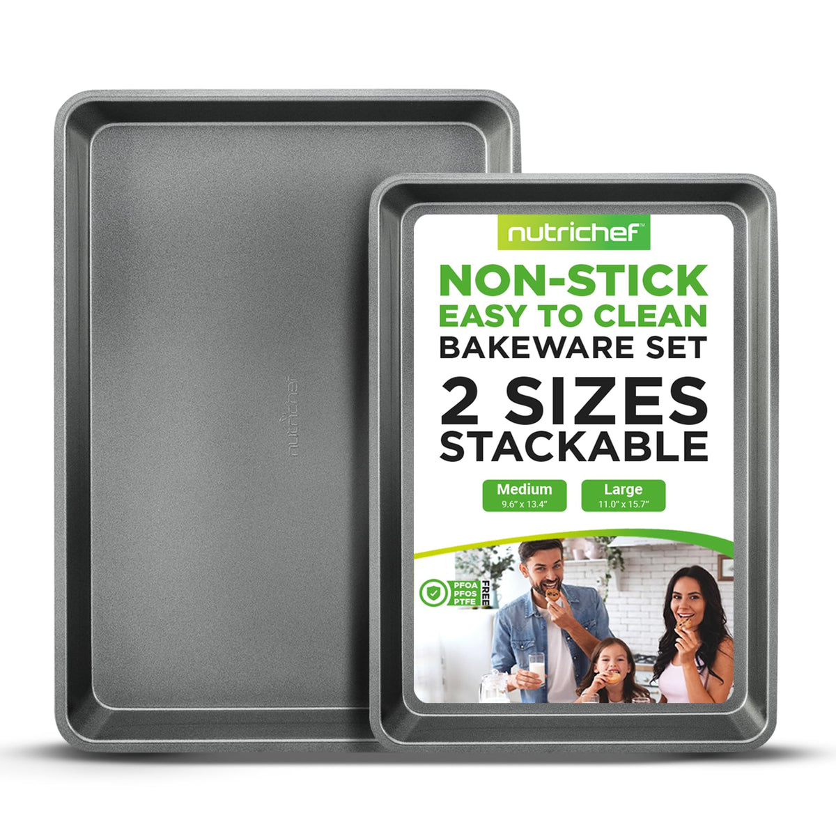 NutriChef Non-Stick Cookie Sheet Baking Pans, 2-Piece Oven Baking Trays w/ Superior Nonstick Coating - 15" x 11" & 13" x 9" Sizes for Convenient Roasting & Baking - Dishwasher Safe