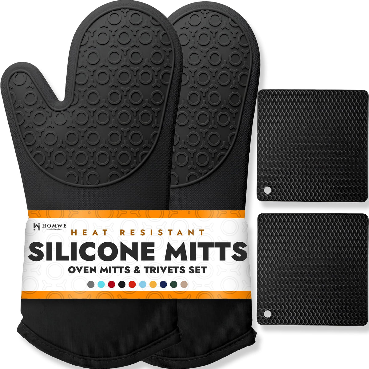 BPA-Free Silicone Oven Mitts Ultra Heat Resistant up to 500°F - Oven Mitts with Thick Cotton Liner - Long Slip Resistant Pot Holders, Flexible Oven Gloves - Black 13.7"