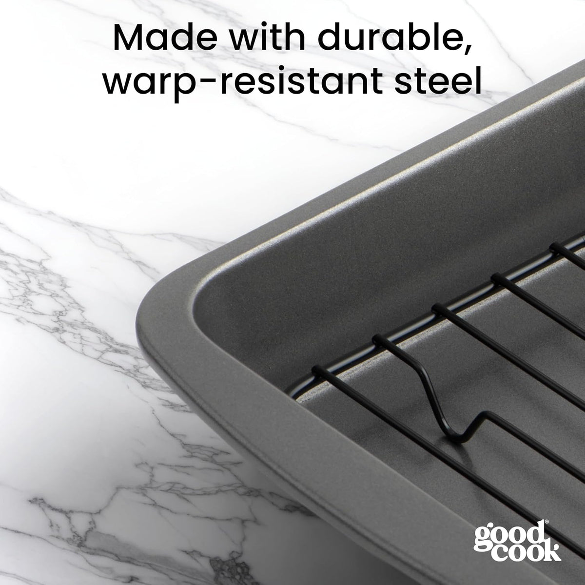 GoodCook 4-Piece Nonstick Steel Toaster Oven Set with Sheet Pan, Rack, Cake Pan, and Muffin Pan, Gray, 4-Piece Set Distributes Heat Evenly, Nonstick Coating, Dishwasher-Safe