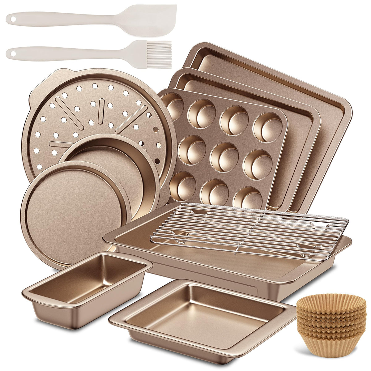 HONGBAKE Bakeware Sets, Baking Pans Set, 12 Pieces Nonstick Oven Pan with 120 Muffin Liners for Kitchen, Wider Grips, Including Rack, Cookie Sheet, Cake, Loaf, Muffin, Pizza Pan - Gray